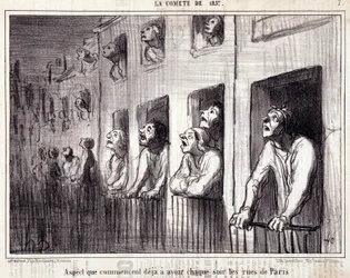 Desenho animado sobre ciência. Serie Sur "la Comete de 1857": "Aspecto que já começa a ter todas as noites as ruas de Paris". Gravura de Honore DAUMIER (1808-1879). Extracto do jornal "Le Charivari". Dim 38x25cm. Inv D - caixa 7 Marselha,