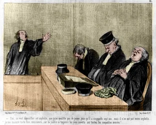 Cartum de Daumier: Série "Les Gens de justice" publicada em "Charivari" de 15/08/1845. Um advogado a invocar no tribunal a dormir.