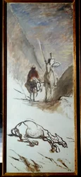 Dom Quixote e a mula morta Ilustração do romance de Miguel Cervantes "Dom Quixote de la Mancha" (El ingenioso Hidalgo Dom Quijote de la Mancha). Pintura de Honore Daumier (1808-1879). Sol do século XIX. 1,32x0,54 m .