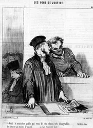 Aqui está o ministério público que te diz coisas muito desagradáveis... então tenta chorar pelo menos com um olho... sabe sempre bem!... , do "Gens de Justice", série de desenhos animados sobre Justiça de Honore Daumier (1808-1879). "Charivari".