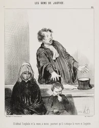 Defende o órfão e a viúva, a menos que ataque a viúva e o órfão (Defende o órfão e a viúva, a menos que ataque a viúva e o órfão), prancha 22 da série Les Gens de Justice (Os advogados), do jornal Le Charivari