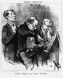 Esboços musicais: prelúdios obrigatórios de qualquer concerto amador. Três músicos se esforçam para iluminar suas vozes, afinar um violino e assoar seu nariz com ostentação. Illustration d
