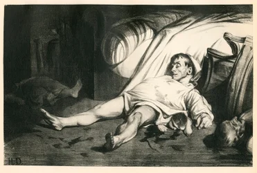 Cento e vinte litografias de H. Daumier, Satirique em N & B, cerca de 1834: Massacre de la rue Transnonain (Paris) - Republicain, Cadáveres mortos, Repressão - Ilustração de Honore Daumier (1808-1879)