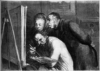 Pintores e burgueses. Cartoon de Honore Daumier (1808-1879). Gravura em "Le Monde Illustré" n°262 de 19 de Abril de 1862.