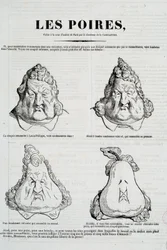 Peras: caricatura que representa uma metamorfose do rosto de Luís Filipe. Desenho de Honoré Daumier (1808-1879) a partir do desenho original de Charles Philippon (1806-1862), La Caricature, janeiro de 1832, Paris, Musée Carnavalet