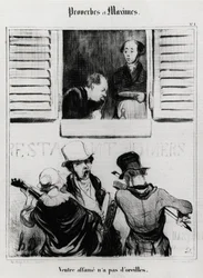 Provérbios e máximas: a barriga faminta não tem ouvidos. Ilustração de Honore Daumier (1808-1879). Caricatura do século XIX, Musee Carnavalet, Paris.