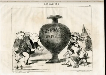 Satirical in N & B: News - President of the Republic, Universal Suffrage - Thiers Adolphe, Montalembert Charles de (1810-1870), Louis Matthieu Mole (1781-1855), Dupin Andre-Marie, dit Dupin aine (1783-1865) - Ilustração de Honore Daumier (1808-1879)