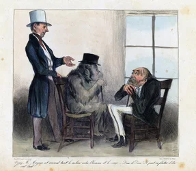 Veja, Sr. Mayeux, este animal está no meio termo entre o homem e o macaco - por amor de Deus! Ele pode gabar-se de ser feio!"Cartoon representando as semelhanças entre um orangotango e um homem - desenho de Honore Daumier (1808 - 1879) de "Charivari"