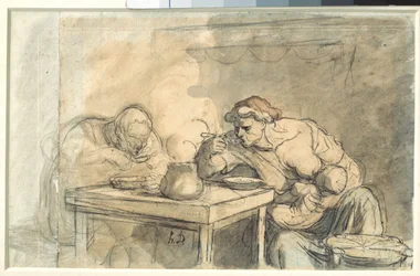 Sopa Um casal de operárias a comer sopa, a mãe a amamentar o bebé. Aguarela de Honore Daumier (1808-1879). 1862-1865. Dim. 0,3x0,49 m. Paris, Museu do Louvre