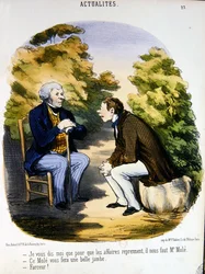 Dois homens discutindo política e a utilidade do Comte de Mole (cor litho)