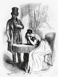 Mulher em desespero sob o olhar do homem, ilustração de Ferragus por Honore de Balzac (1799-1850), edição francesa