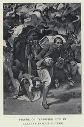 Figura de judeu aterrorizado em foto famosa dos Vernets - supostamente uma representação do Barão James Rothschild (foto a p/b)