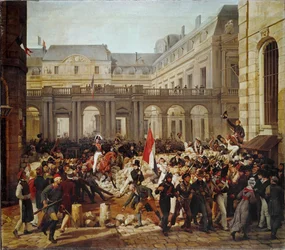 Revolução de 1830: Partida do Rei Louis-Philippe para a Câmara Municipal de Paris ... (pintura sobre tela)