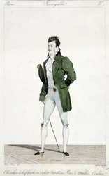 Paris espantosa. O homem tem o cabelo de Carlos XII, usando calcinha verde água e meias de malha escorrida. Ilustração da moda masculina feita por volta de 1810 por Horace Vernet (1789 - 1863).