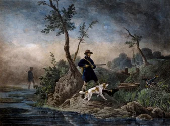Caça ao pato no pântano, gravura baseada na pintura de Horace Vernet (1789-1863)