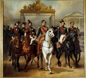 O rei Louis-Philippe I (Louis Philippe) rodeia os seus cinco filhos que saem pela grelha de honra do castelo de Versalhes depois de passar uma revisão militar nos tribunais 10/06/1837 Pintura de Horace Vernet (1789-1863) 1846 Sol. 3,6x3,9 m. - Rei francês 