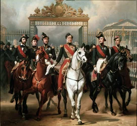 Rei Luís Filipe cercado por seus cinco filhos saindo pelo portão de honra do Palácio de Versalhes após ter passado por uma revista militar nos pátios