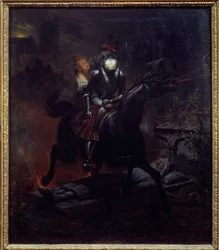 A balada de Leonore Ilustração do poema de Gottfried Burger "Leonore" (1747-1794), A morte no seu cavalo leva Leonore. Pintura de Emile Jean Horace Vernet (1789-1863) 1839 Sun. 0,61x0,55 m Nantes, musee des Beaux Arts