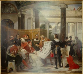 Papa Júlio II, ordenando a obra do Vaticano e da Basílica de São Pedro em Roma (São Pedro) rodeado por Miguel Ângelo (Michelangelo, Miguel Ângelo ou Michelangelo), Bramante e Rafael (Raffaello Sanzio). Pintura de Emile Jean Horace Vernet