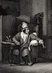 Cena de The Imaginary Invalid de Moliere, de Horace Vernet, gravura - Le Malad imaginaire de Jean-Baptiste Poquelin dit Moliere (1622-1673)