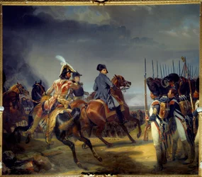 A Batalha de Iena em 14/10/1806, Imperador Napoleão I (1769-1821), Joachim Murat e Louis Alexandre (Louis-Alexandre) Berthier passam na revisão da guarda Pintura de Emile dit Horace Vernet (1789-1863) 1836 Dim 4,65x5,43 m