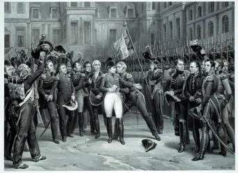 O adeus de Napoleão Bonaparte (1769-1821) à guarda imperiosa no pátio do Cheval Blanc em Fontainebleau 20/04/1814 Gravação de Emile Vernet dit Horace Vernet (1789-1863) 1814 Paris, B.N.