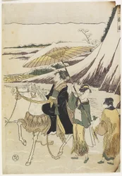 Três mulheres viajando através de um barranco, 1794-96 (impressão xilogravura colorida)