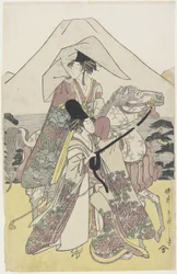 Duas mulheres viajando de cavalo ao pé do Monte. Fuji, c.1790s (impressão de woodblock de cor)