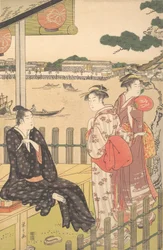Grupo em uma casa de chá na margem do rio Sumida, ca. 1790.