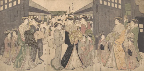Oiran e atendentes no O Mon ou Grande Portão do Yoshiwara, ca. 1794.
