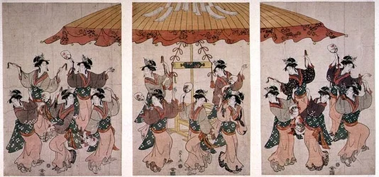 A Dança Sumiyoshi, tríptico, c.1791 (impressão em bloco de madeira colorida)