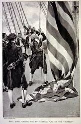 John Paul Jones erguendo a bandeira da cascavél americana sobre o Alfred (litho)