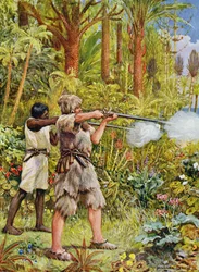 Crusoé e Sexta-Feira disparam contra os selvagens, ilustração para «Robinson Crusoe» de Daniel Defoe (1660-1731)