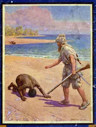 Crusoe e Man Friday, ilustração para "Robinson Crusoe" de Daniel Defoe (1660-1731) (cor litho)
