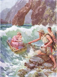 "Ele desenhou-a e ao bebé a salvo sobre um parapeito de pedra", ilustração de "Como Perseu e a sua Mãe chegaram a Serifos", de The Heroes of Greek Fairy Tales, de Charles Kingsley (1819-75) (cor litho)