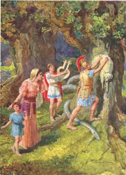 Jason rasgou o velo do tronco da árvore", ilustração de "Como os Argonautas navegaram para Colchis", de The Heroes of Greek Fairy Tales, de Charles Kingsley (1819-75) (cor litho)