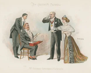 Três homens bem vestidos e uma mulher bem vestida (litografia a cores)