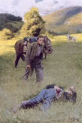Um duelo só no meio de um grande campo ensolarado, ilustração de Rowand Por William Gilmore Beymer, bar. na Harper&39;s Magazine, junho de 1909