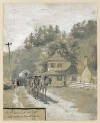 Uma antiga portagem governamental com um expresso rumo a oeste, desenho de uma ilustração para o artigo "The Old National Pike", de William Henry Rideing