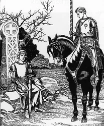 Lenda arturiana: Galahad Meets Melyas de Lyle Ilustração de Howard Pyle (1853-1911) de The Story of the grail and the passing of Arthur" 1910 Private Collection