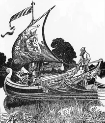 Lenda arturiana: A barca dos mortos transporta o corpo do rei Artur. Ilustração de Howard Pyle (1853-1911) de «The Story of Sir Launcelot and His Companions», 1907, colecção particular