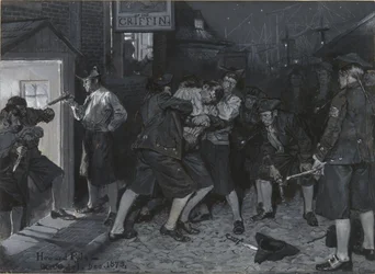 Na insígnia do Grifo, desenho de uma ilustração para o artigo «Antigos cafés de Nova Iorque», de John Austin Stevens
