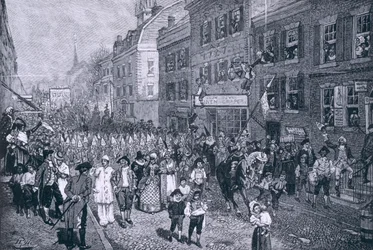 Carnaval em Filadélfia, ilustração "da batalha do tribunal de Monmouth" por Benson J. Lossing, bar. na revista Harper&39;s, junho de 1878