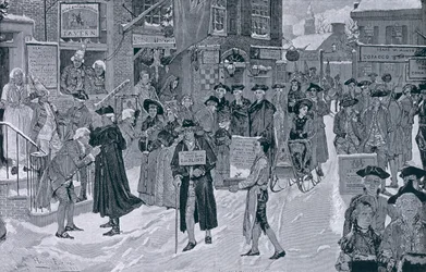 Manhã de Natal em New York velha antes da revolução, ilustração de Harper&39;s Weekly, bar. 25 de dezembro de 1880