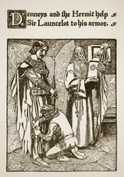 Denneys e o Eremita ajudam Sir Lancelote em sua armadura, ilustração de "A História de Sir Lancelotte e seus Companheiros", 1907