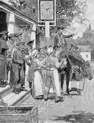 Ele para no sinal do Weathervane, ilustração de &39;Tilighman&39;s Ride from Yorktown&39;, pub. na Harper&39;s Magazine, novembro de 1881