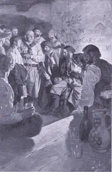 Ele levou Jack até o homem que estava sentado no barril, de Howard Pyles Livro dos Piratas publicado pela Harper & Bros, 1921