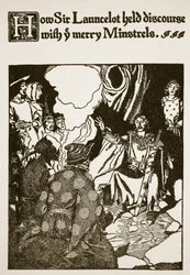 Como Sir Lancelotot realizou um discurso com ye Merry Minstrels, ilustração de "A História de Sir Lancelotte e seus Companheiros", 1907