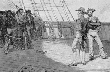 Impressment de marinheiros americanos, ilustração do "berço do nosso país" por Thomas Wentworth Higginson, bar. na revista Harper, 1884