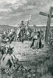 Jacques Cartier (1491-1557) Estabelecendo uma cruz em Gaspe, ilustração de "Os Voyageurs franceses" por Thomas Wentworth Higginson, bar. na revista Harper&39;s, 1883